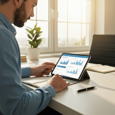 Person using a tablet to calculate home budget with financial graphs and calculator apps