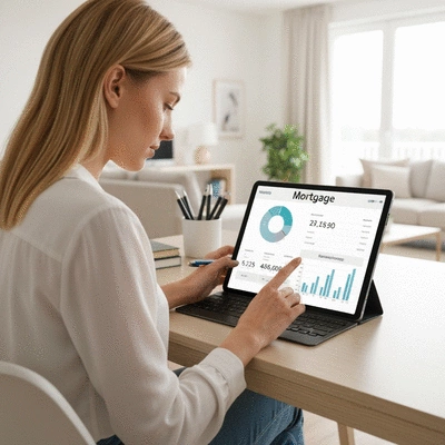 Person using a tablet to budget finances for a mortgage, with charts and numbers on screen, in a bright home setting