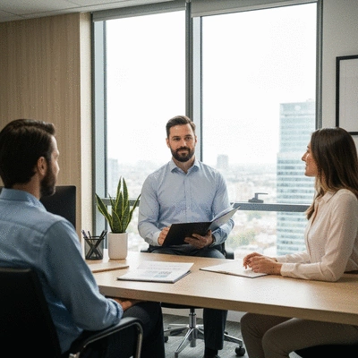 Financial advisor discussing refinancing options with a couple, professional office setting, no text, no words, no typography