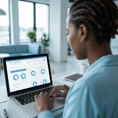 Close-up of a person analyzing loan comparison rates on a laptop