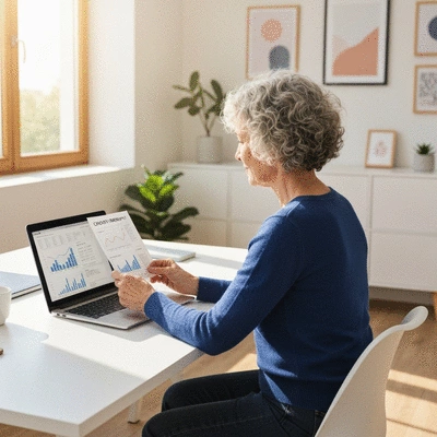 Person reviewing credit report on a laptop, showing graphs and numbers, in a modern home office setting