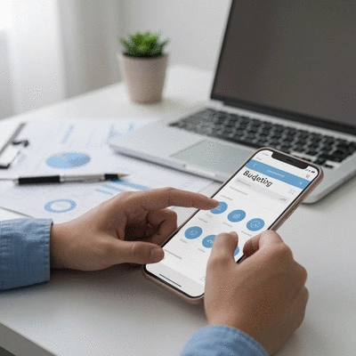 Person using a budgeting app on a smartphone, clean modern desk, no text, no words, no typography, 8K