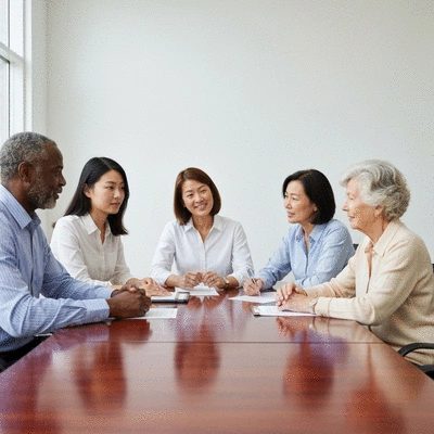 Diverse group of people discussing mortgage options with a financial advisor in a modern office, no text, no words, no typography, clean image