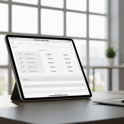 Detailed breakdown of refinancing costs on a digital tablet, clean and professional, no text, no words, no typography