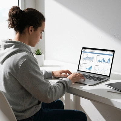 Person using a laptop to compare home loan options on a clean desk, natural light, no text, no words, no typography, 8K