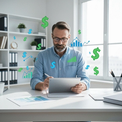 Person calculating mortgage savings on a tablet, with graphs and money symbols floating around
