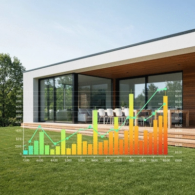 Modern home with a financial graph overlay, symbolizing mortgage refinancing decisions, no text, no words, no typography, 8K