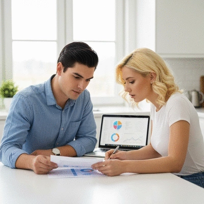 Young couple reviewing financial documents at home, planning their budget
