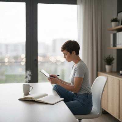 Person reviewing mortgage options on a tablet, with a cup of coffee and notebook, clean, modern, no text, no words, no typography, no labels, clean image