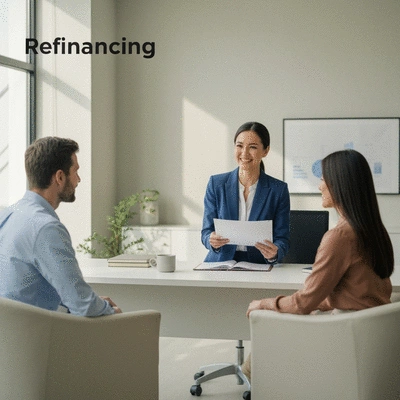 Professional financial advisor explaining refinancing options to a couple, in a bright, modern office, no text, no words, no typography, 8K