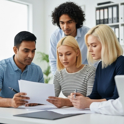 People reviewing mortgage documents with a financial advisor, bright and modern office, no text, no words, no typography, 8K