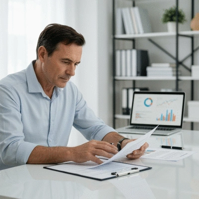 Person reviewing home loan documents on a modern table, with a laptop and financial charts in the background, clean, bright setting
